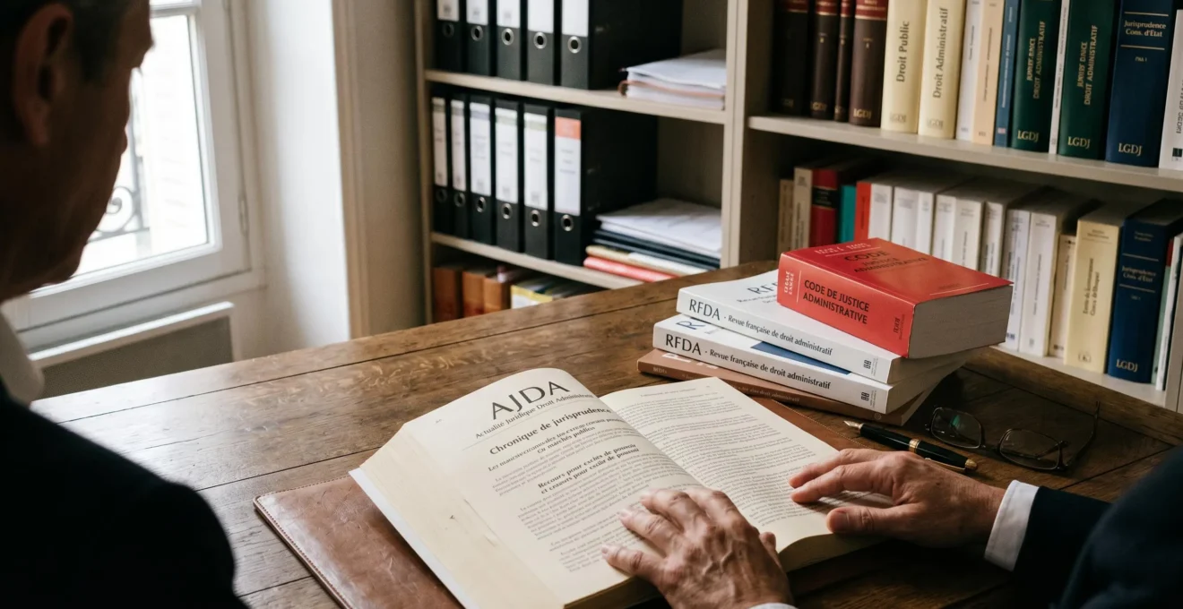 Mains d'avocat consultant la revue AJDA et publications juridiques spécialisées en droit administratif sur un bureau