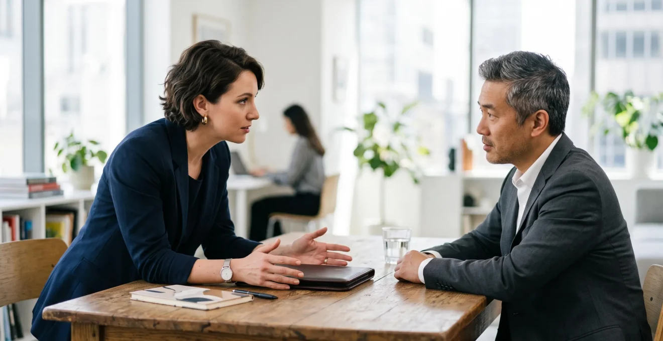 Deux personnes échangeant un document de contrat de travail dans un bureau lumineux, moment de discussion avant signature