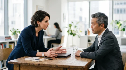 Deux personnes échangeant un document de contrat de travail dans un bureau lumineux, moment de discussion avant signature