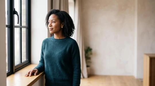 Propriétaire bailleur serein étudiant la gestion fiscale optimisée de son bien locatif dans un intérieur lumineux