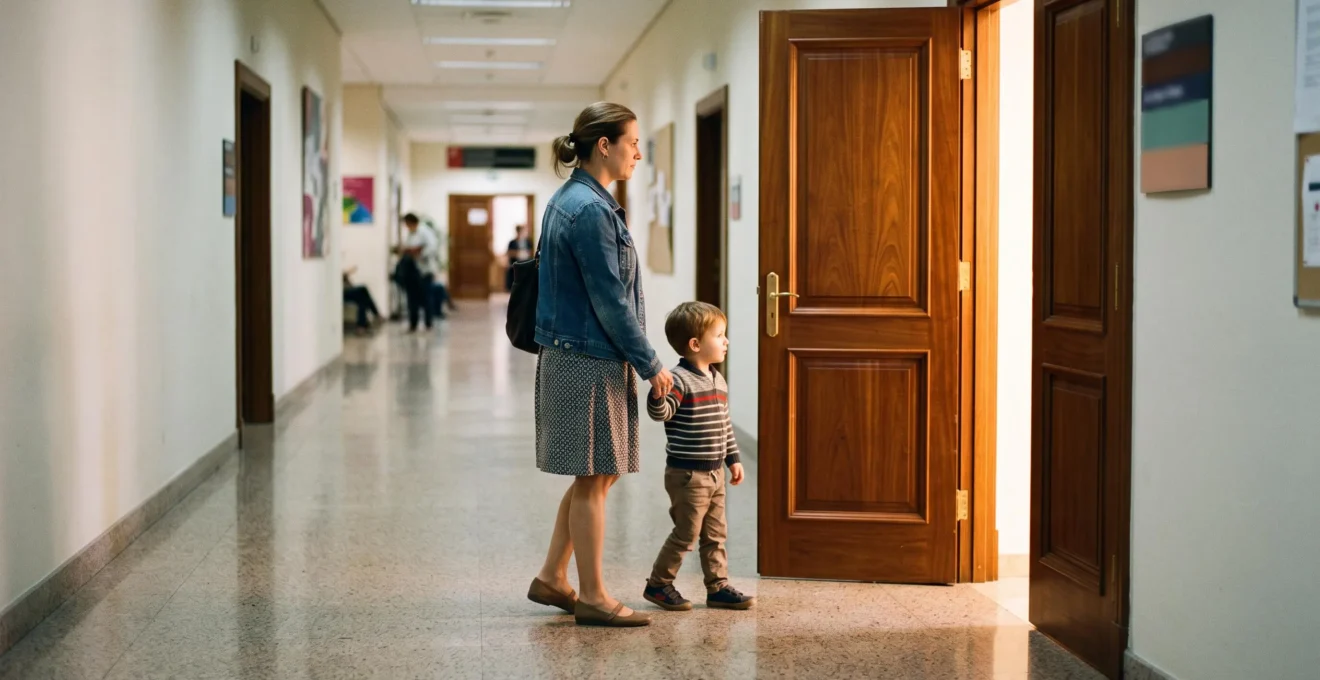 Parent tenant la main de son enfant face à une porte entrouverte symbolisant les recours légaux contre les pensions alimentaires impayées