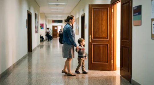 Parent tenant la main de son enfant face à une porte entrouverte symbolisant les recours légaux contre les pensions alimentaires impayées