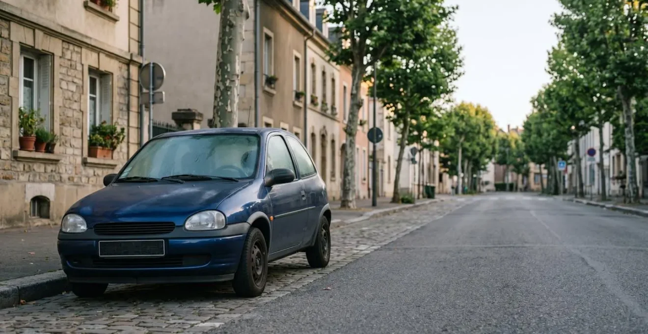 Petite voiture peu utilisee garee tranquillement le matin, symbole des economies possibles pour les petits rouleurs en assurance auto