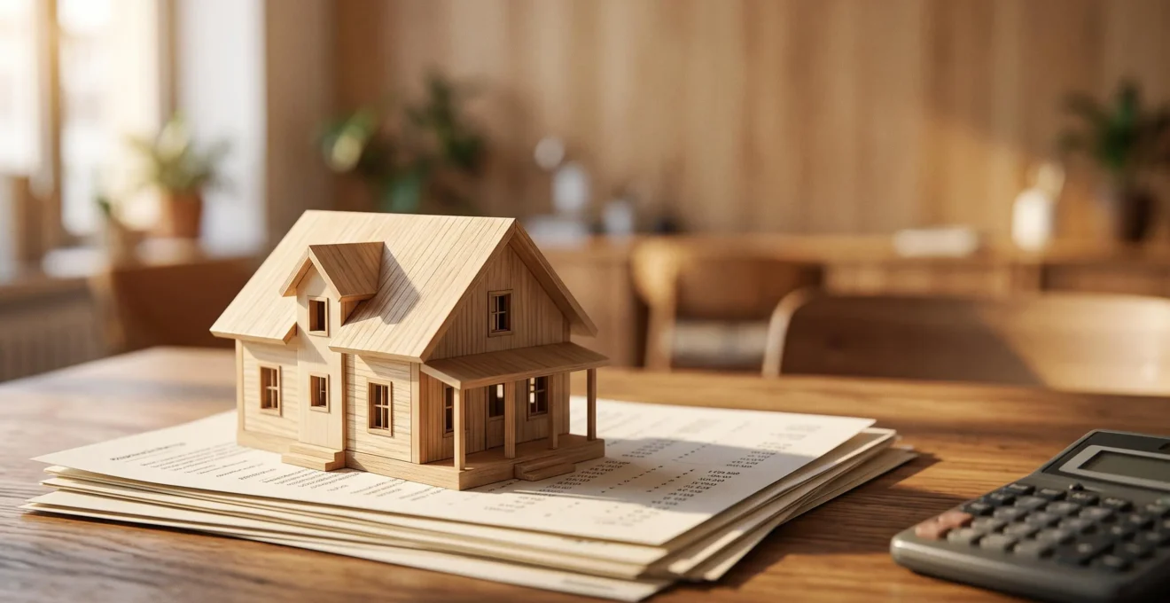 Maison miniature posée sur des documents financiers flous symbolisant le calcul de la plus-value immobilière lors d'une vente
