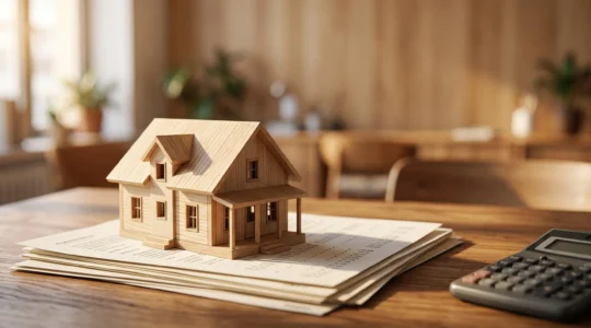 Maison miniature posée sur des documents financiers flous symbolisant le calcul de la plus-value immobilière lors d'une vente