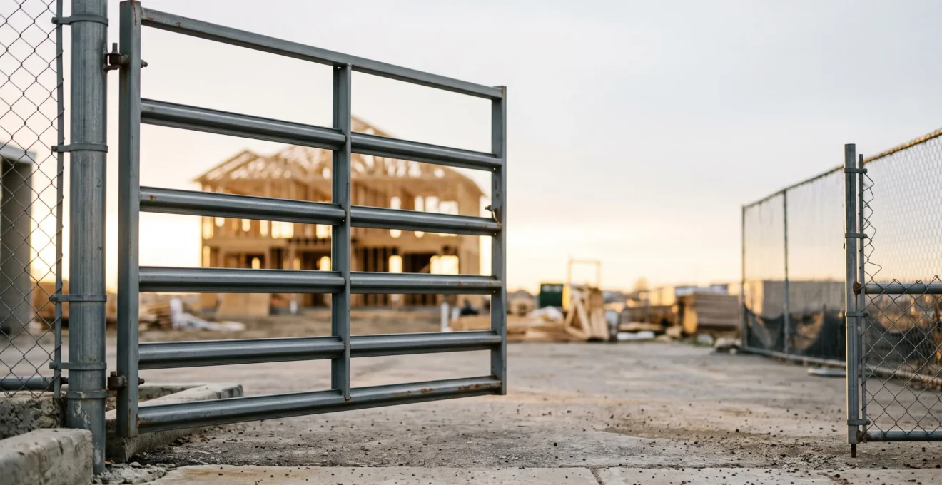 Portail métallique d'un chantier de construction entrouvert laissant filtrer la lumière, symbolisant une issue juridique possible après un refus de permis de construire