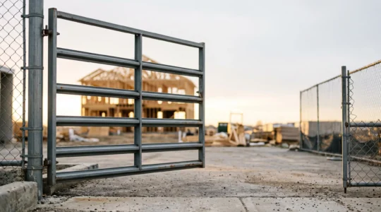 Portail métallique d'un chantier de construction entrouvert laissant filtrer la lumière, symbolisant une issue juridique possible après un refus de permis de construire