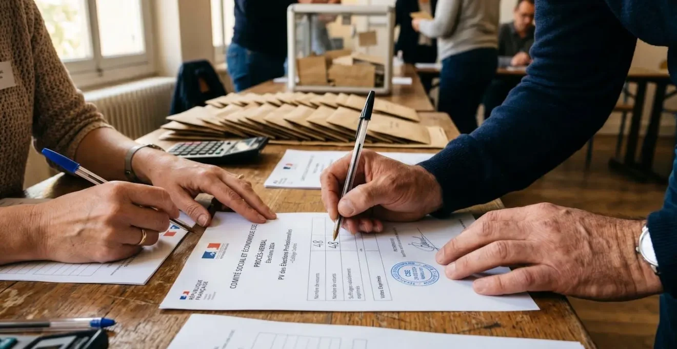 Mains de deux assesseurs de bureau de vote complétant le procès-verbal officiel d'une élection CSE, bulletins dépouillés en arrière-plan, lumière naturelle de fin de journée