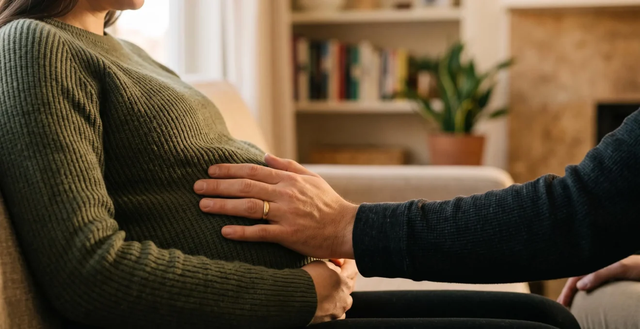 Main d'un futur père posée délicatement sur le ventre d'une femme enceinte, symbole de protection juridique anticipée