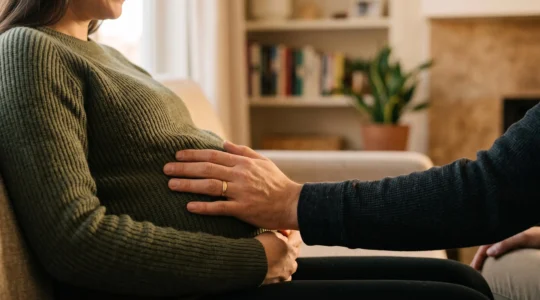 Main d'un futur père posée délicatement sur le ventre d'une femme enceinte, symbole de protection juridique anticipée