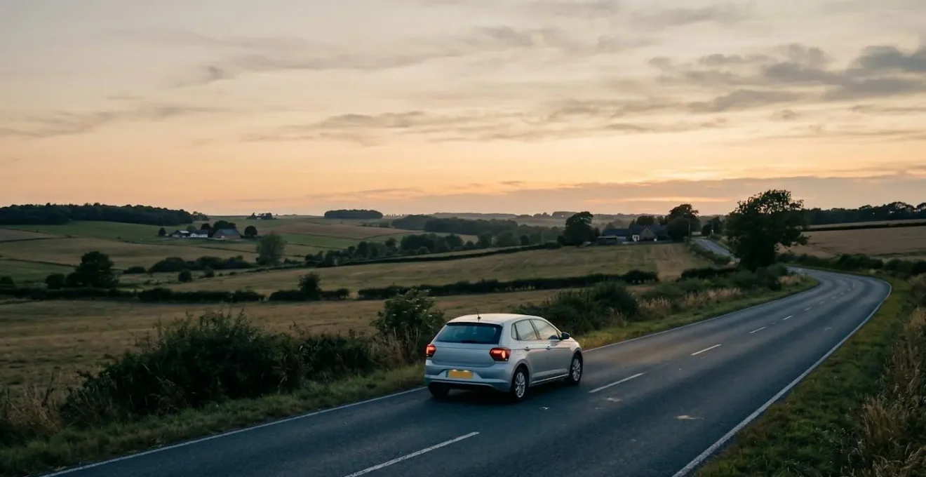Route de campagne déserte au crépuscule illustrant le concept d'assurance automobile payée à l'usage