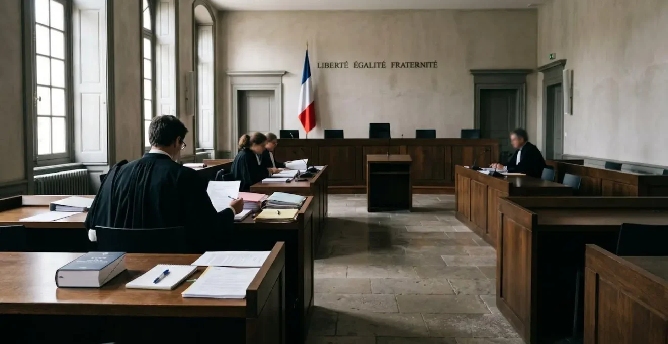 Salle d'audience d'un tribunal administratif français avec pupitres en bois, drapeau tricolore et avocat de dos préparant un dossier