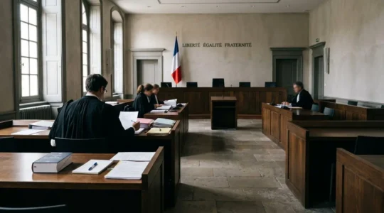 Salle d'audience d'un tribunal administratif français avec pupitres en bois, drapeau tricolore et avocat de dos préparant un dossier