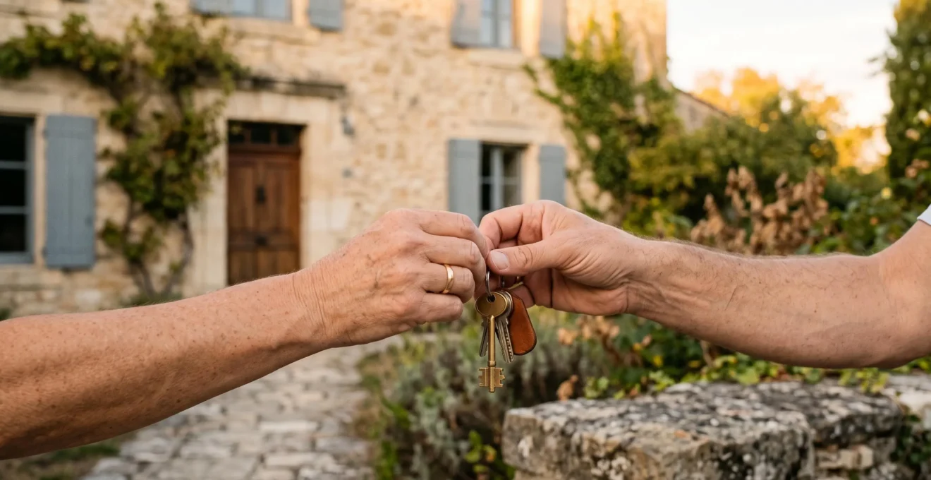 Remise symbolique des clés d'un bien immobilier entre un vendeur et un acquereur devant une maison, illustrant une transaction securisee