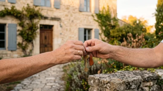 Remise symbolique des clés d'un bien immobilier entre un vendeur et un acquereur devant une maison, illustrant une transaction securisee