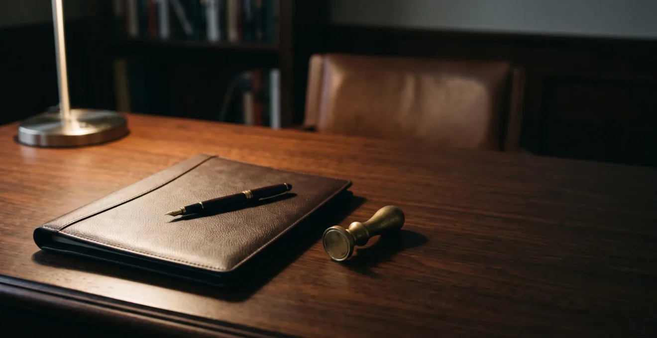 Bureau élégant avec un porte-document en cuir fermé, un stylo plume et un cachet de cire, symbolisant la sécurisation d'un contrat sous seing privé