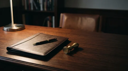 Bureau élégant avec un porte-document en cuir fermé, un stylo plume et un cachet de cire, symbolisant la sécurisation d'un contrat sous seing privé