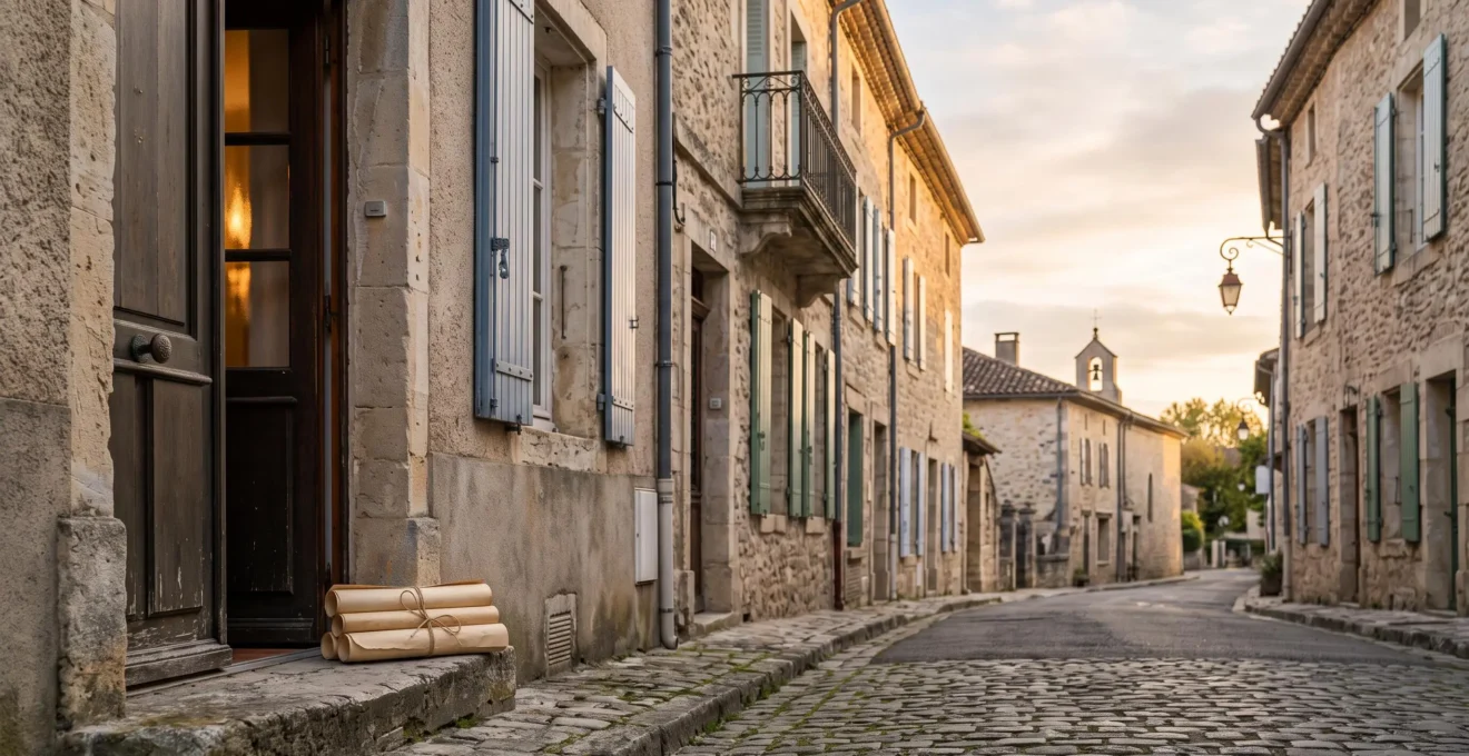Rue résidentielle française typique au lever du jour, illustrant la question de la taxe d'habitation et de son éligibilité
