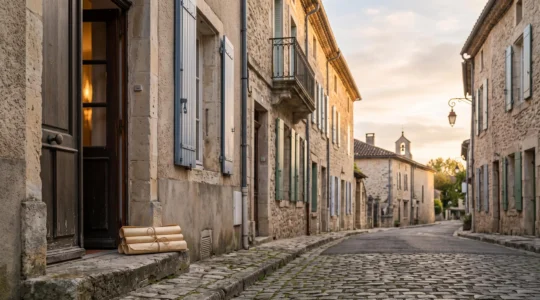 Rue résidentielle française typique au lever du jour, illustrant la question de la taxe d'habitation et de son éligibilité